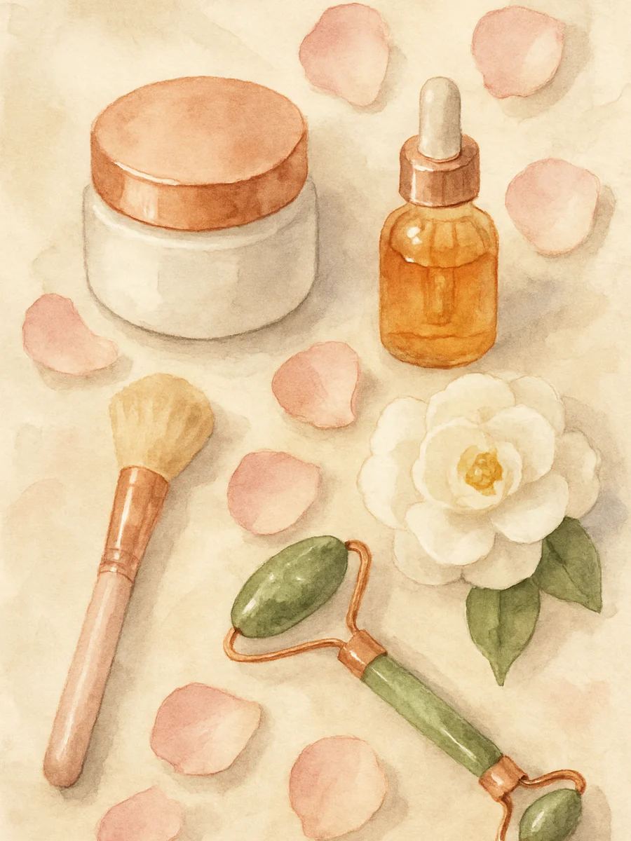 スキンケア用品の静物イラスト。白磁器のクリームジャー、精油ボトル、バラの花びらが上品に配置されたウォーターカラー画