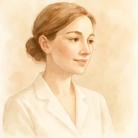 オーナーセラピストのイラストポートレート。白いプロフェッショナルコートを着た穏やかなセラピスト